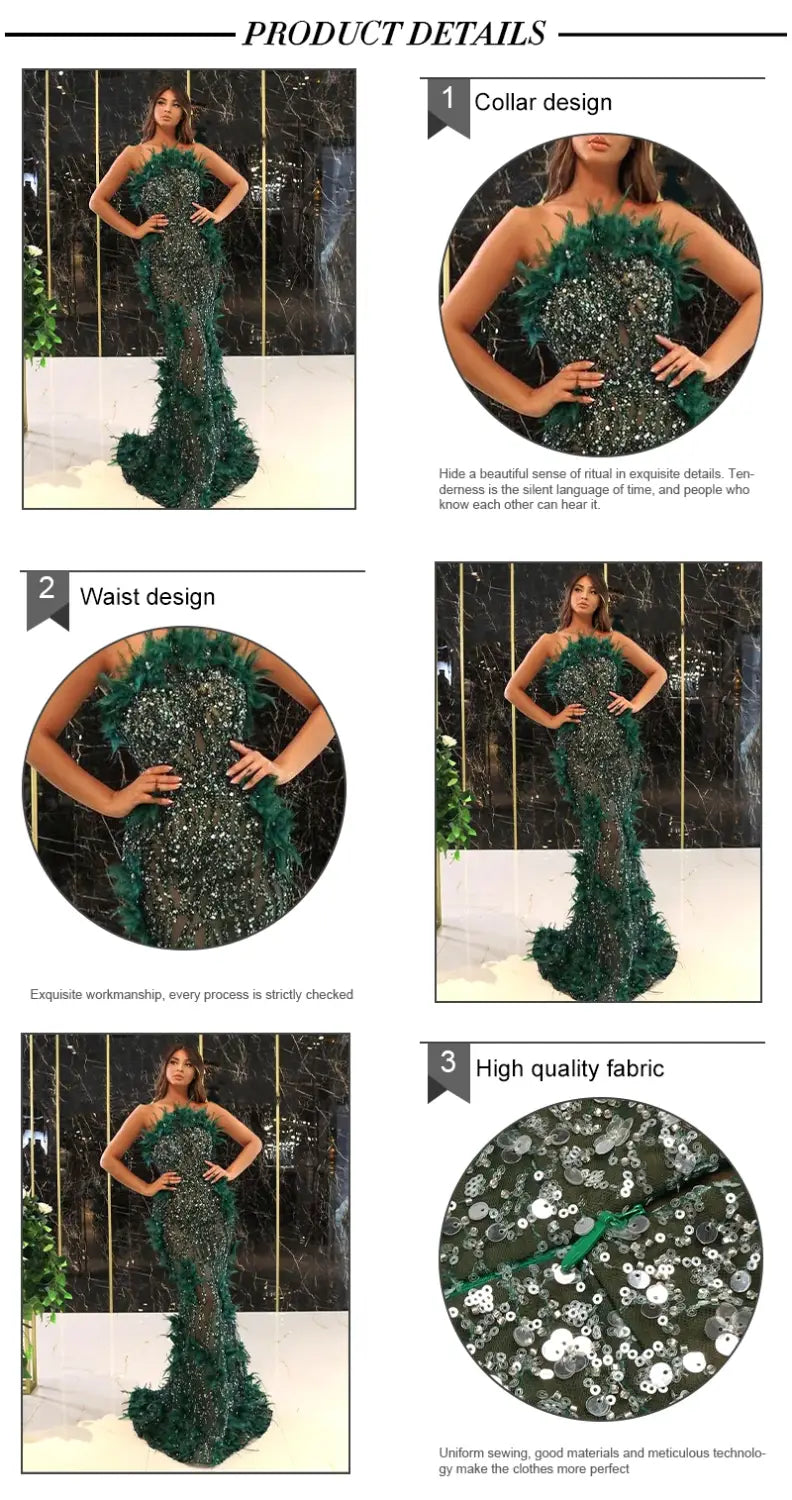 Luxurious Green Feather Sleeveless Maxi Evening Party Dress - Elegant Formal Gown