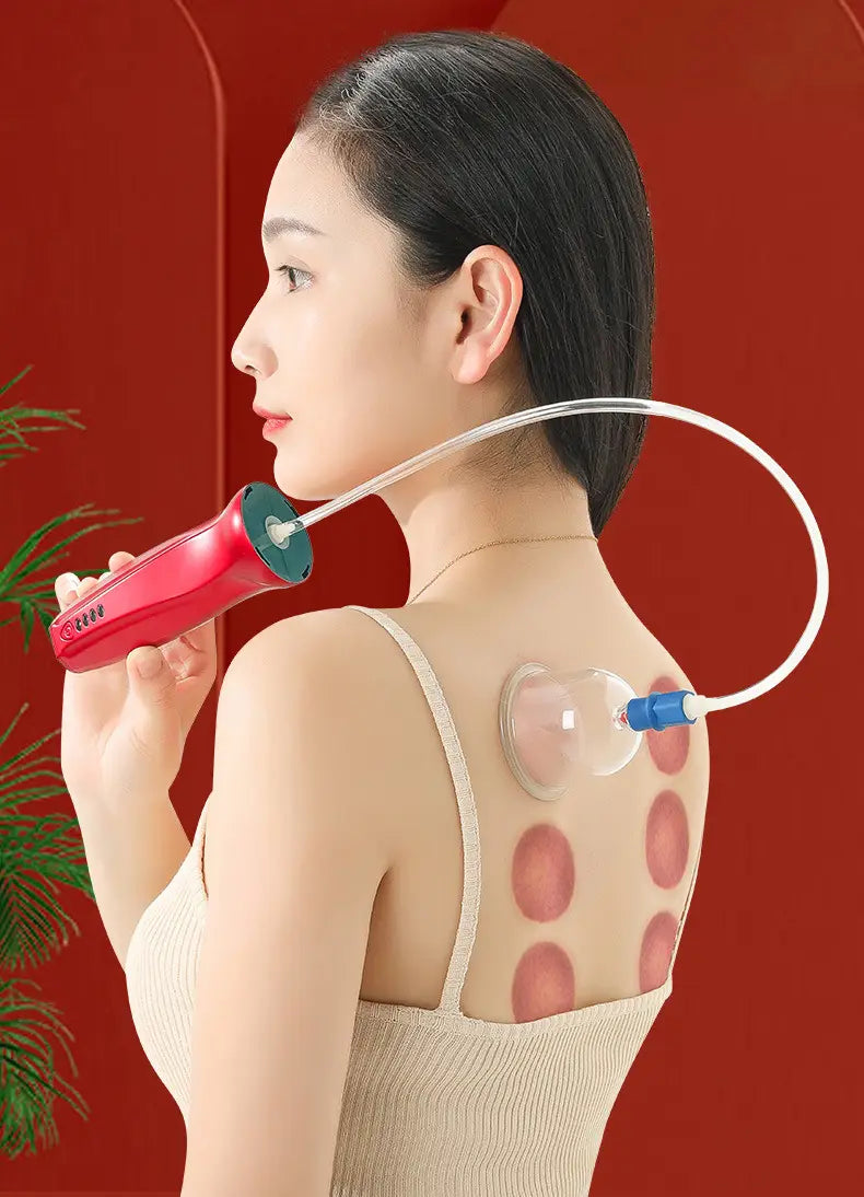 Handheld rechargeable electric cupping device with suction cups on a person’s back.