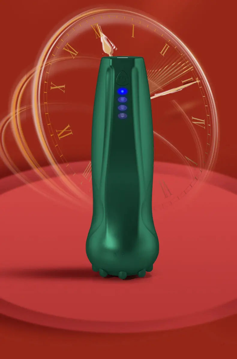 Green cylindrical speaker with flame light atop Rechargeable Electric Cupping Therapy Set.