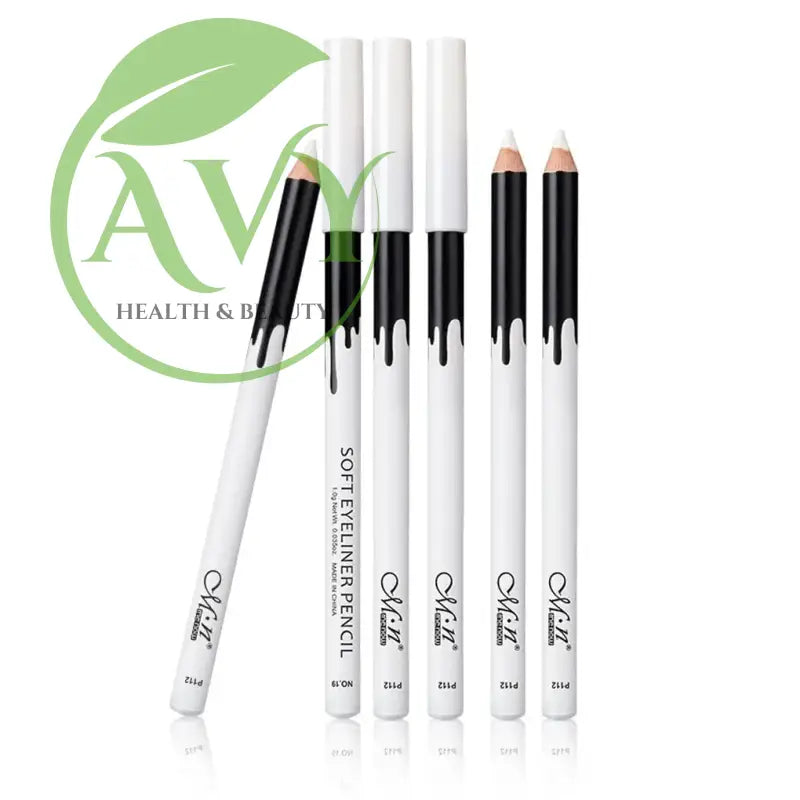 Five white eyeliner pencils with black accents