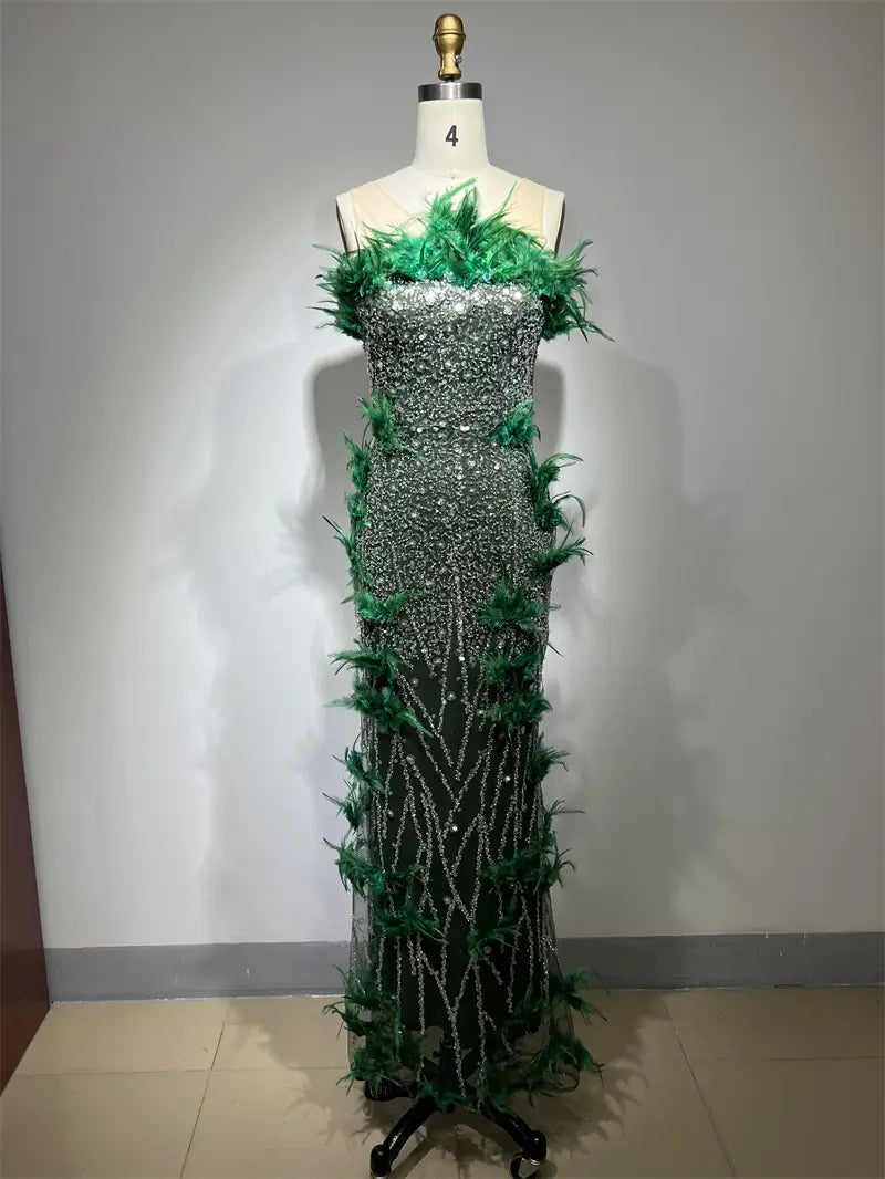 Luxurious Green Feather Sleeveless Maxi Evening Party Dress - Elegant Formal Gown