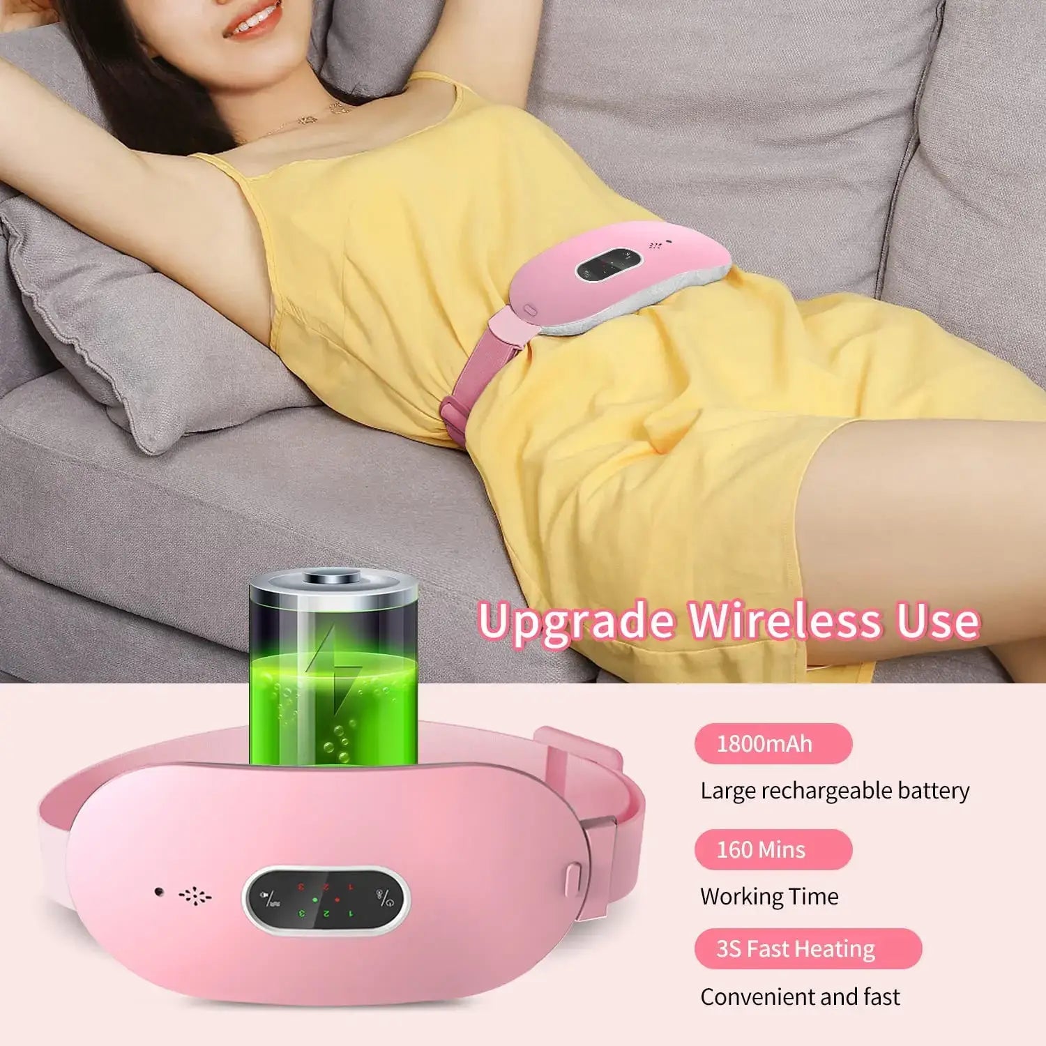 Pink wireless menstrual heating pad and abdominal massager with digital display.