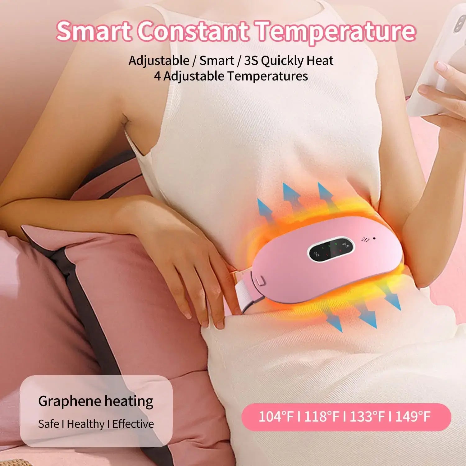 Pink Menstrual Heating Pad and Abdominal Massager with adjustable temperature settings.