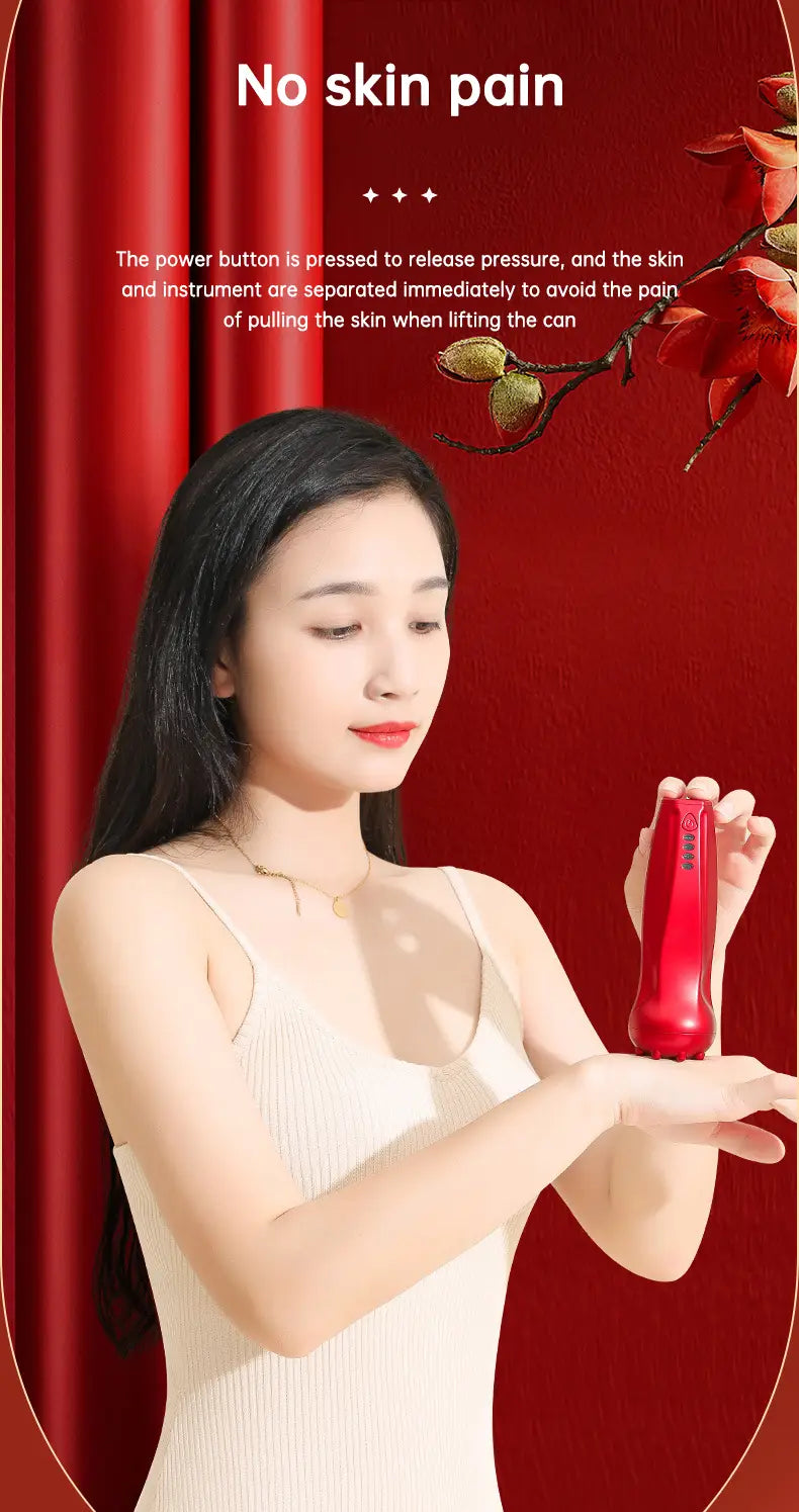 Red skincare product in hand beside Rechargeable Electric Cupping Therapy Set.