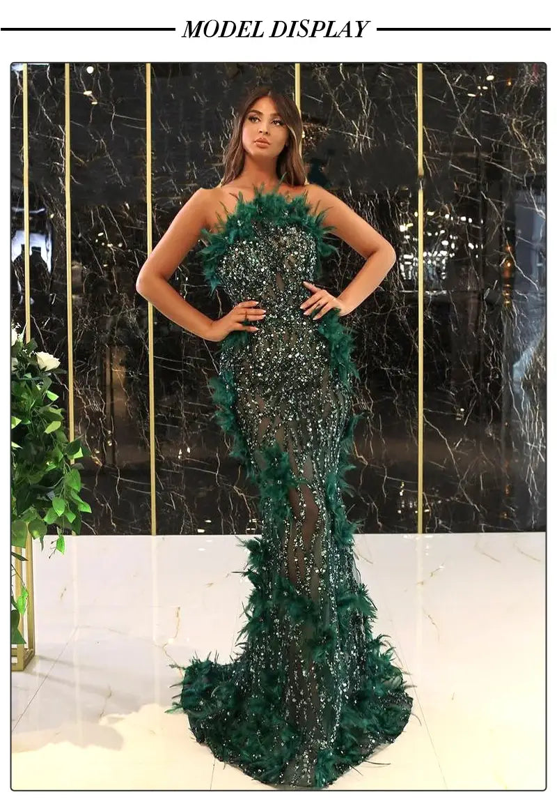 Luxurious Green Feather Sleeveless Maxi Evening Party Dress - Elegant Formal Gown