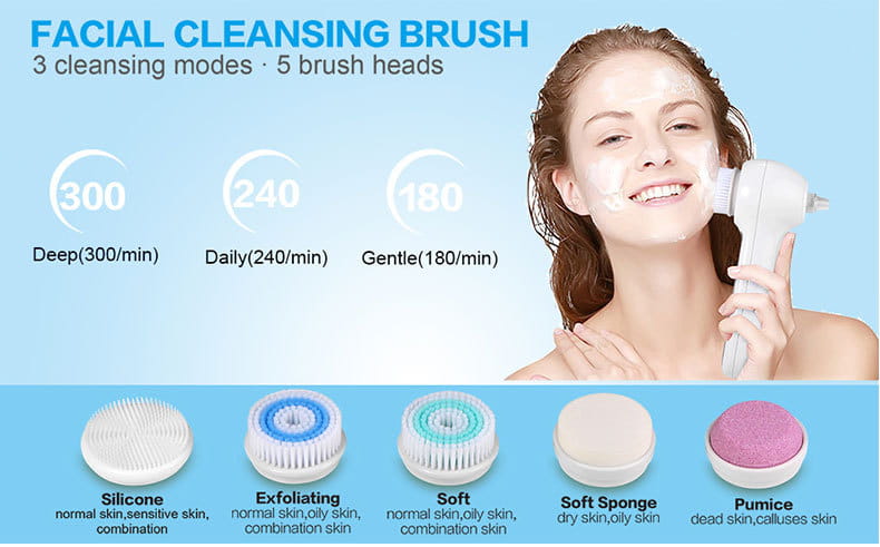 Electric Facial Cleanser with Sonic Vibration Brush and multiple cleansing modes.