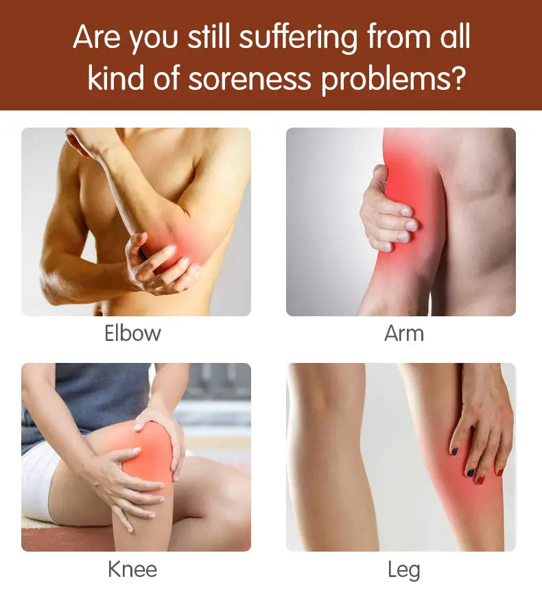 Infographic highlighting elbow, arm, knee, and leg pain for Air Wave Leg Massager.