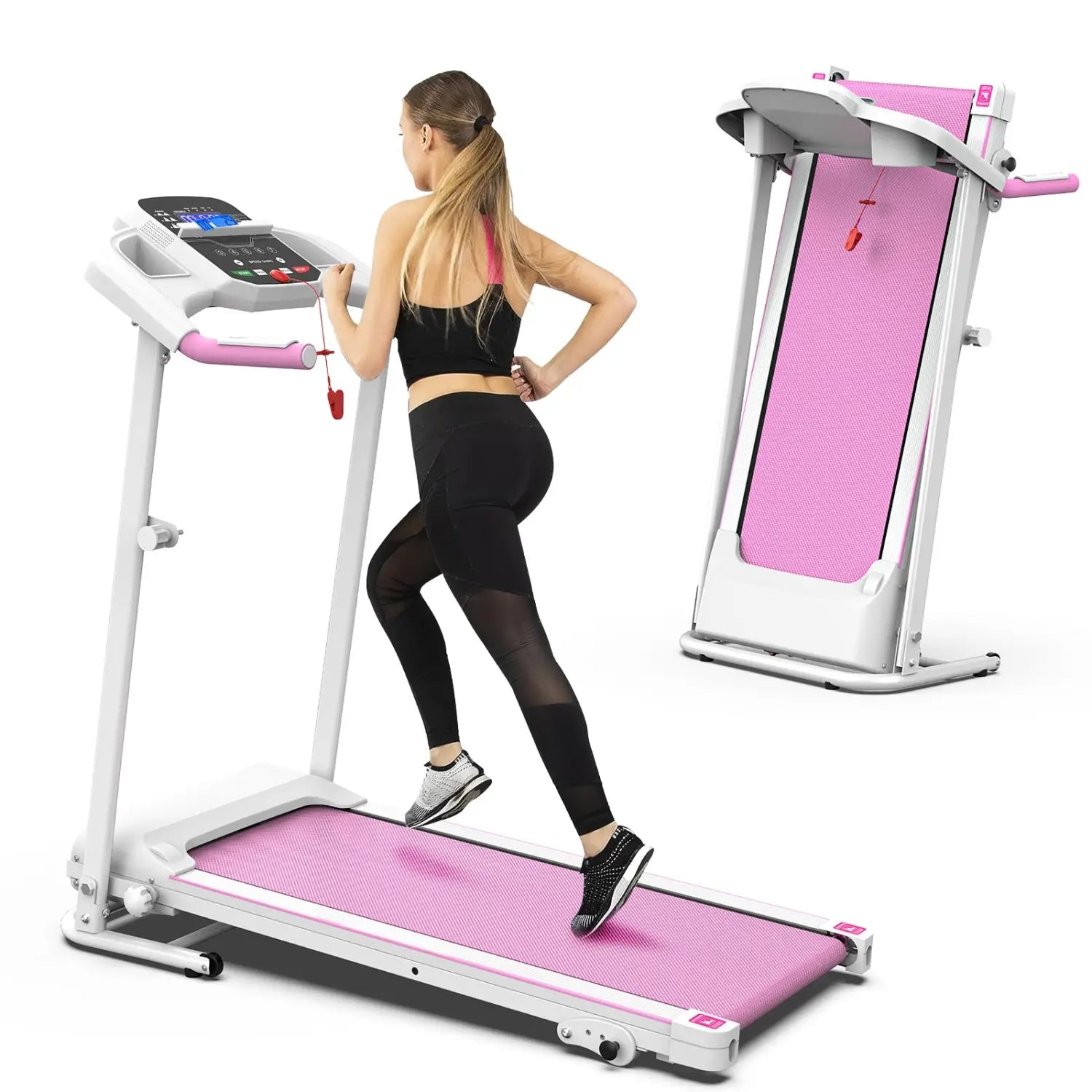 Foldable Electric Treadmill with pink running surface and compact design for home gym.