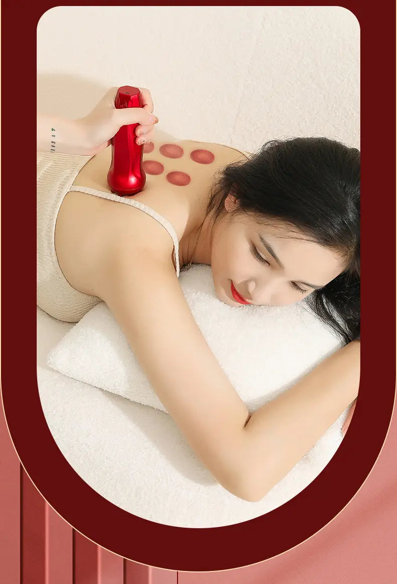 Woman receiving electric cupping therapy with a rechargeable meridian massager.