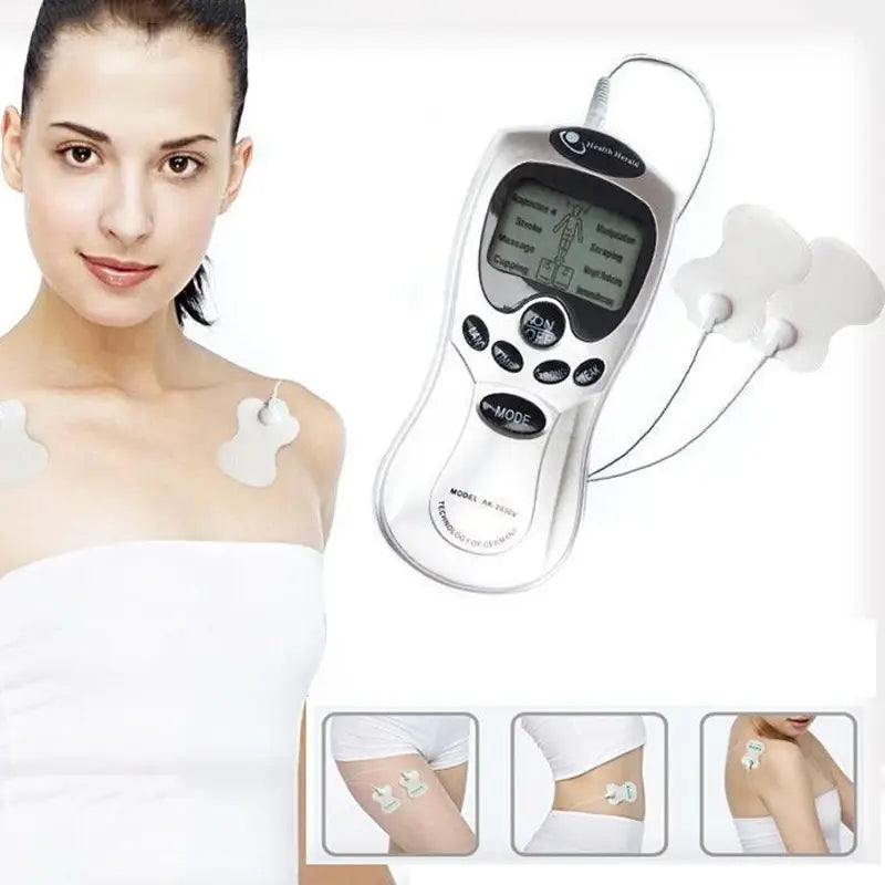 Electronic muscle stimulator with electrode pads in LCD Digital Tens Unit for acupuncture therapy