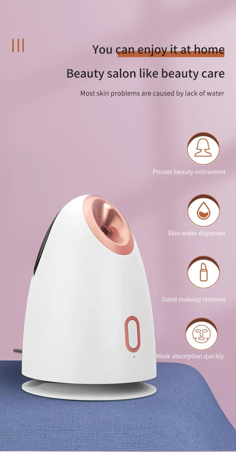 White egg-shaped Nano Ionic Face Steamer with pink accent for home facial spa.