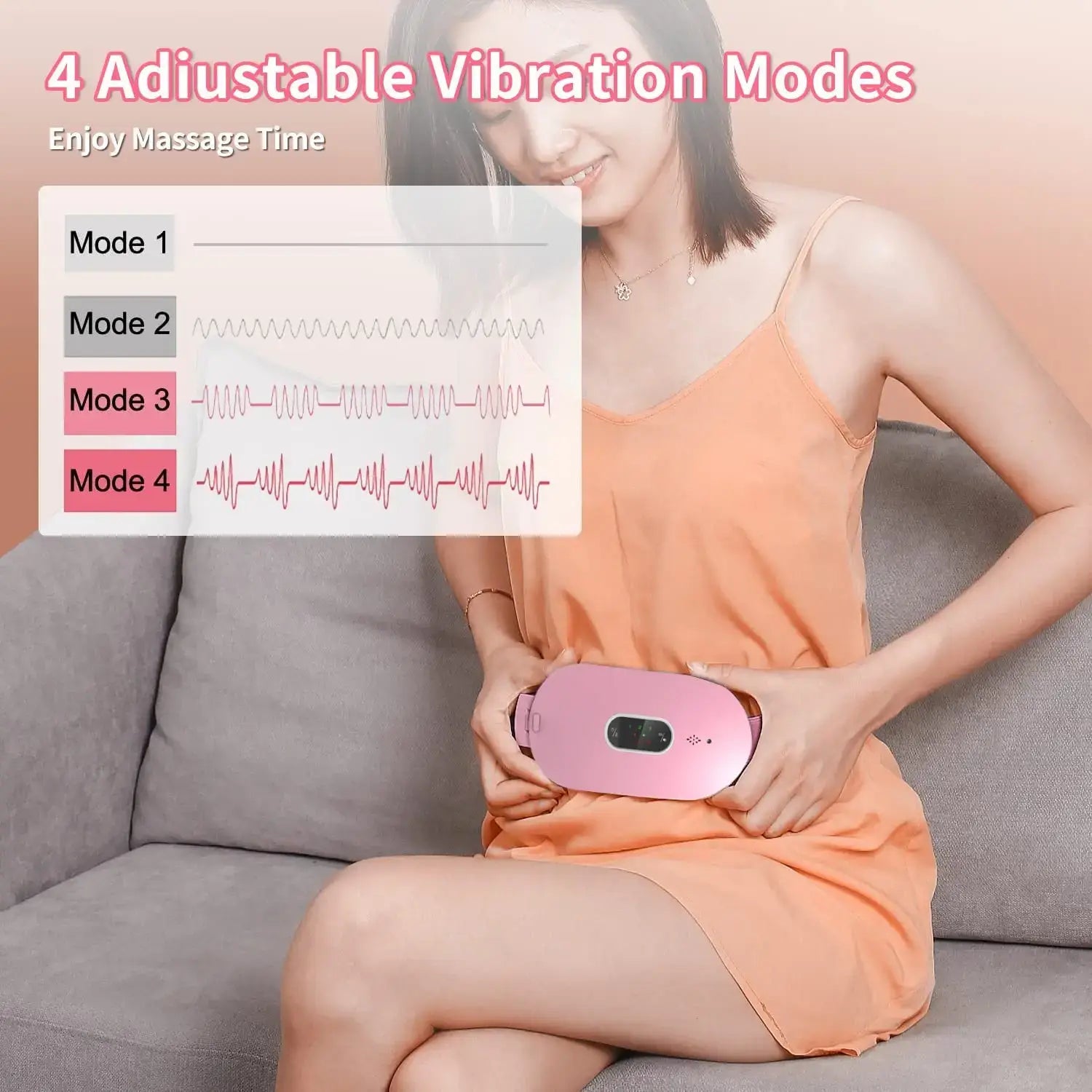 Pink handheld massage device with four vibration modes for abdominal pain relief.