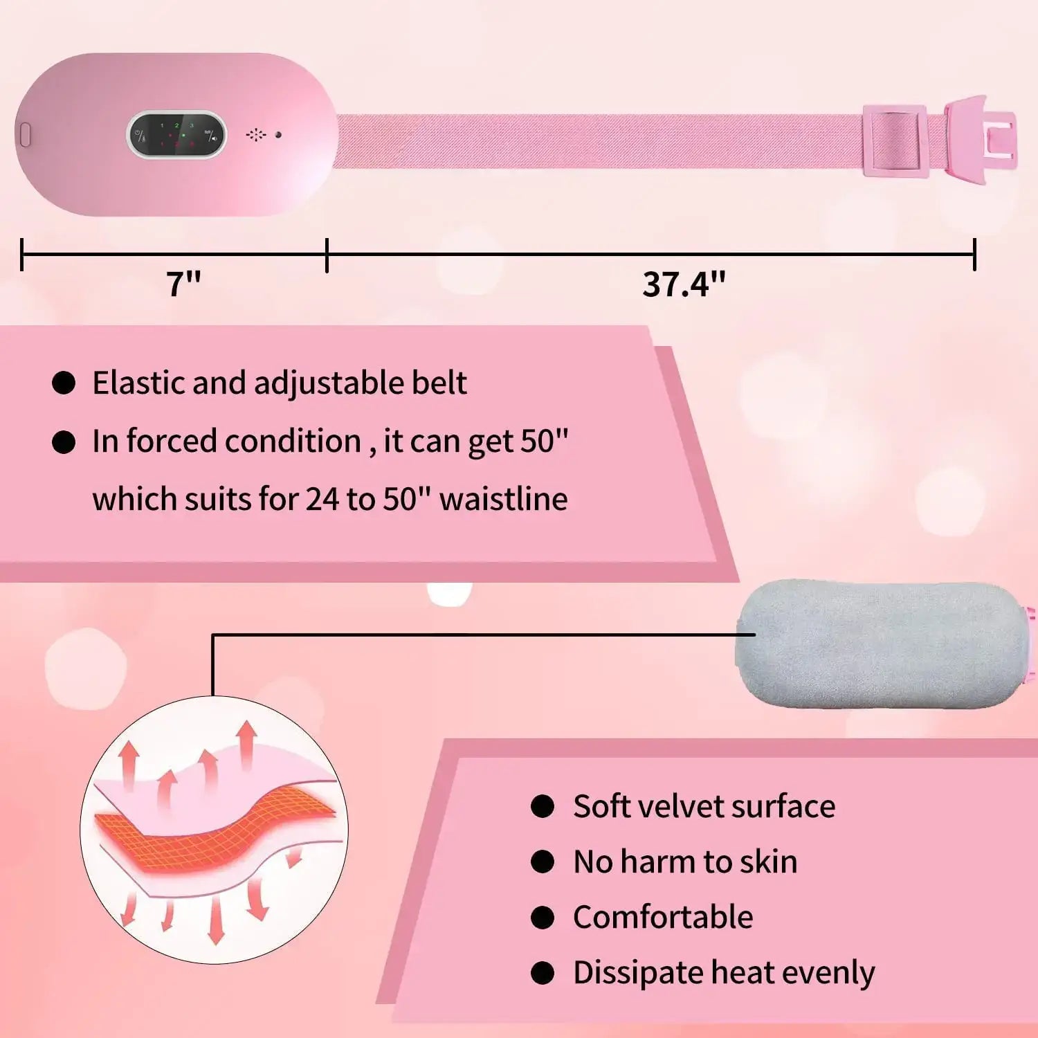 Pink adjustable belt for Menstrual Heating Pad and Abdominal Massager with velvet surface