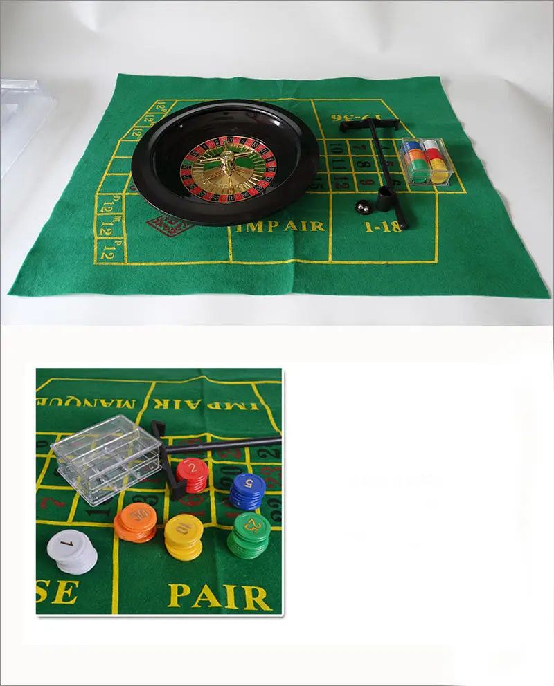 Roulette wheel and table with chips in 10 Inch Roulette Set Game for casino fun.