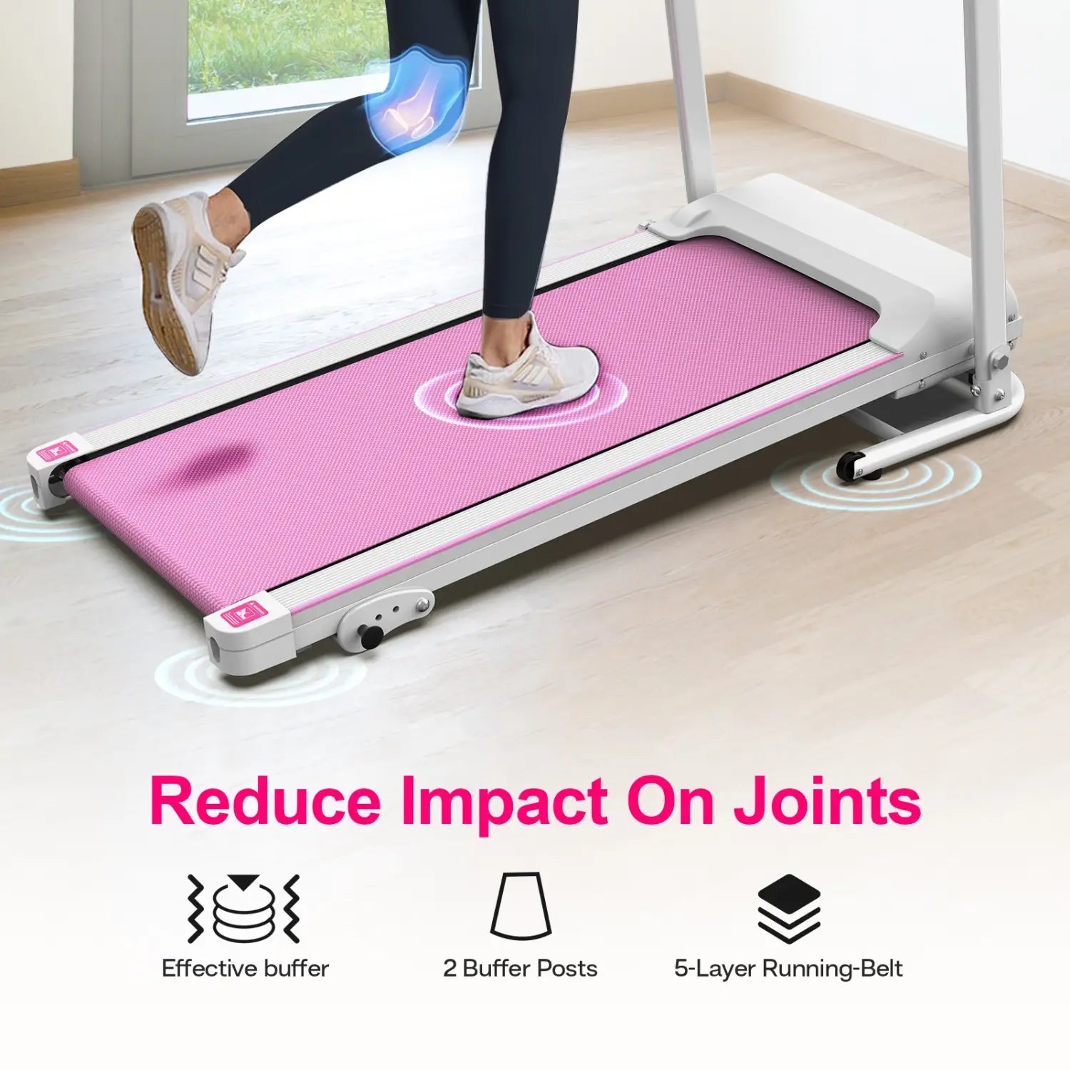 Pink-surfaced foldable electric treadmill with feet on the running belt of a compact running machine.