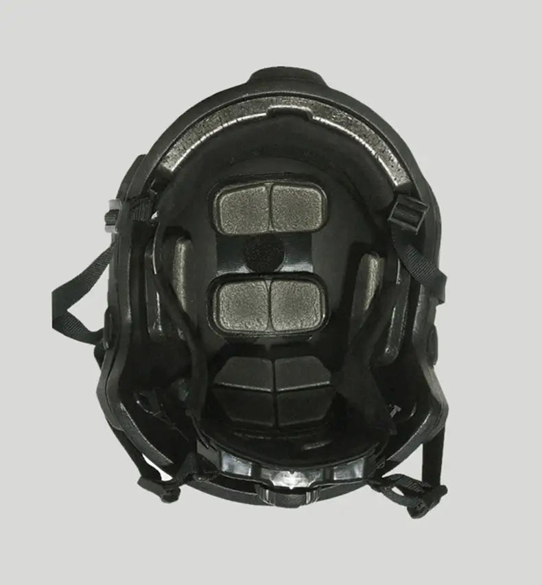 Black lightweight PE bulletproof helmet with padded interior and adjustable straps.