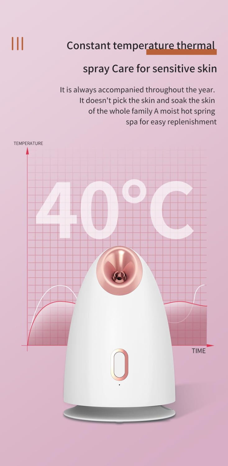 White Nano Ionic Face Steamer for Home Facial Spa with a conical shape and pink nozzle