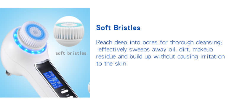 Electric facial cleanser with soft bristles and blue handle in 3-in-1 design.