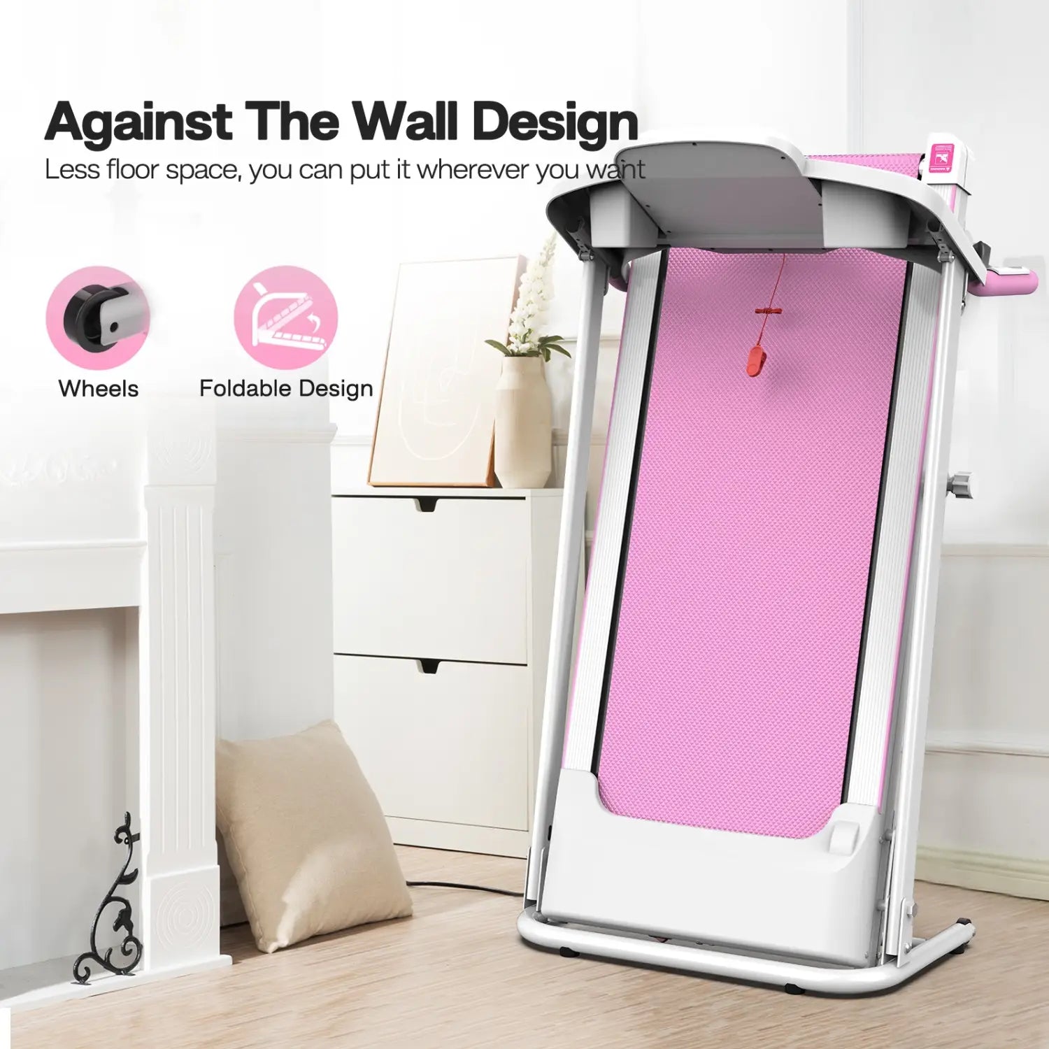 Pink and white foldable electric treadmill designed for vertical storage and home workouts.