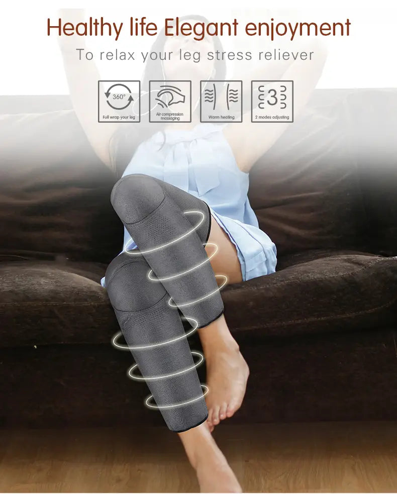 Air Wave Leg Massager with spiral design showcasing calf kneading on a person’s leg.