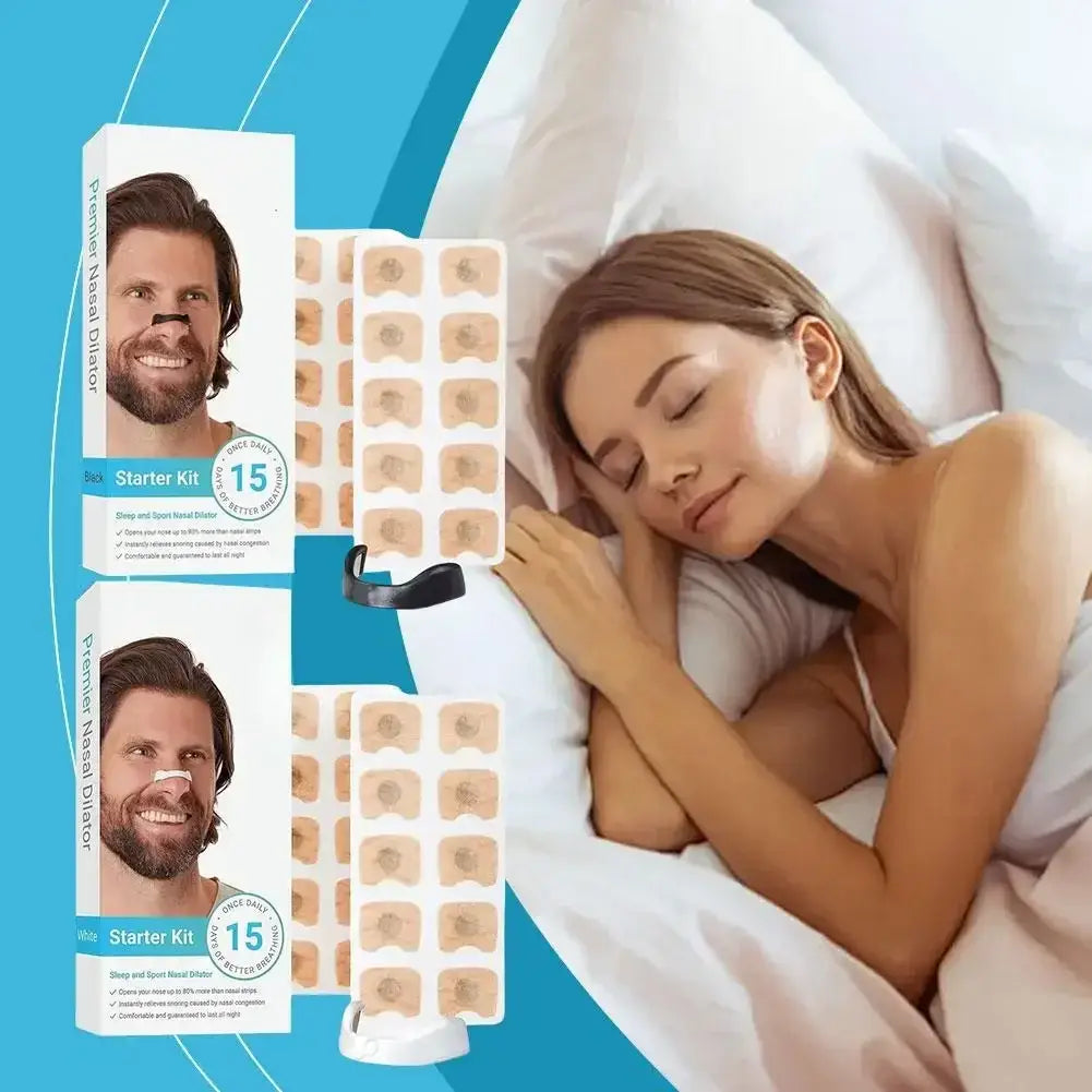 Magnetic Nasal Strips with adhesive strips beside a sleeping woman to enhance sleep quality.