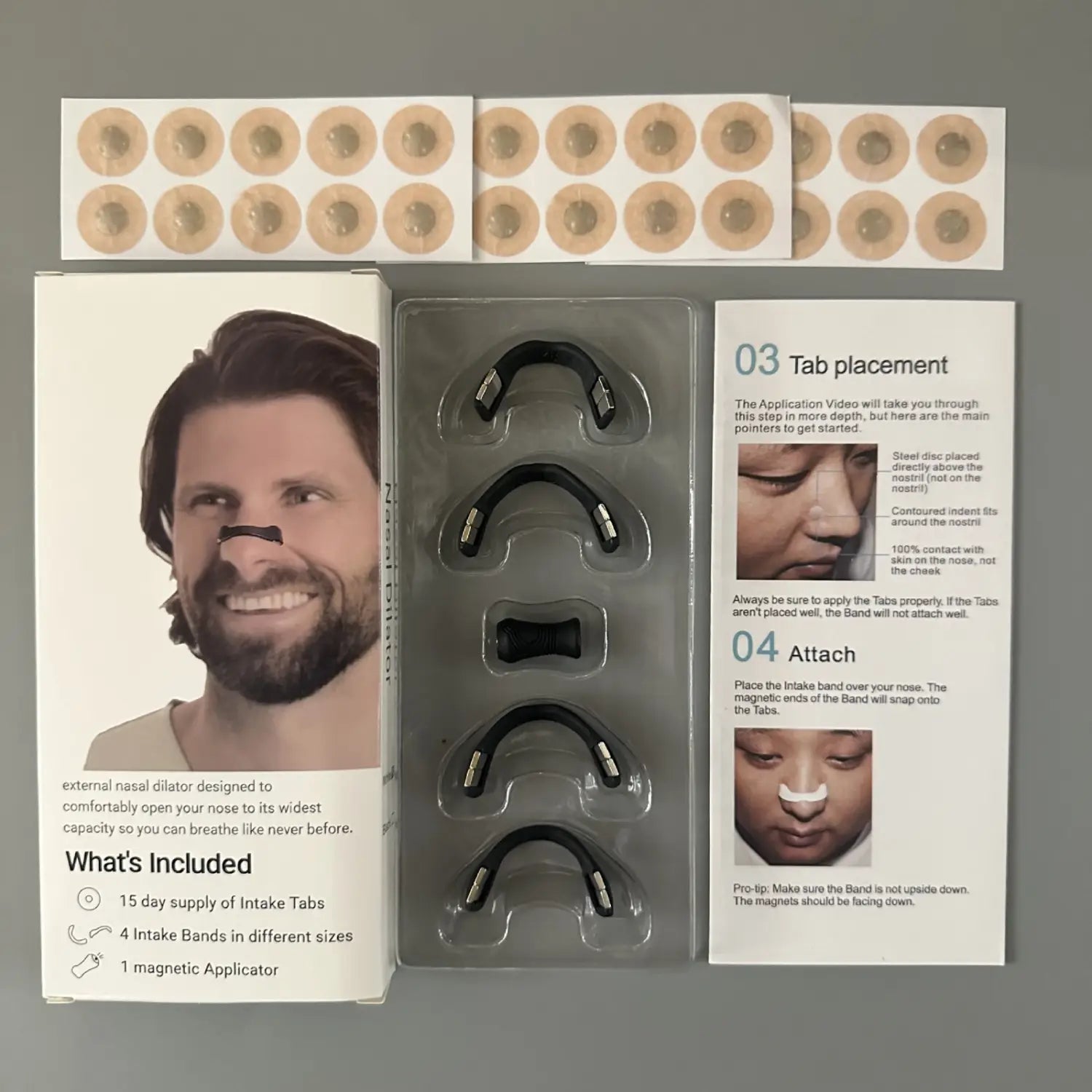 Novelty fake teeth and mustache kit next to Magnetic Nasal Strips for enhanced sleep quality.