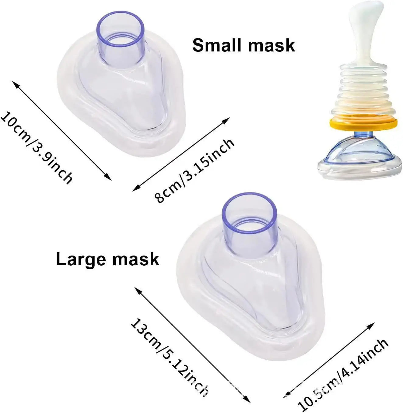 Medical oxygen mask with labeled dimensions for respiratory trainer and lung support mask.