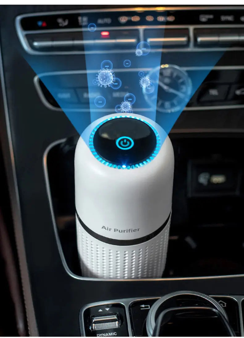 Air purifier with digital display and holographic icons for eliminating formaldehyde in cars.