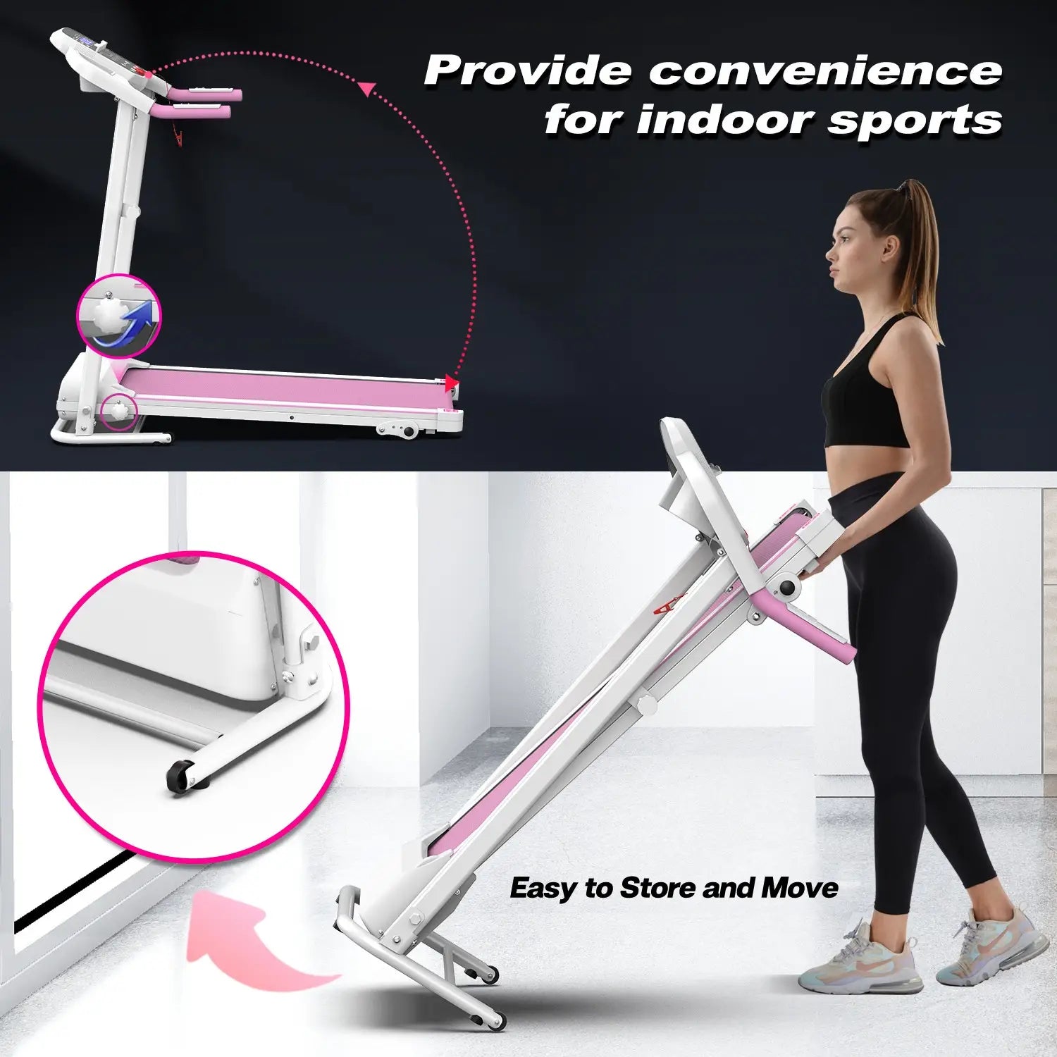 Foldable electric treadmill with pink accents, perfect compact running machine for home use.