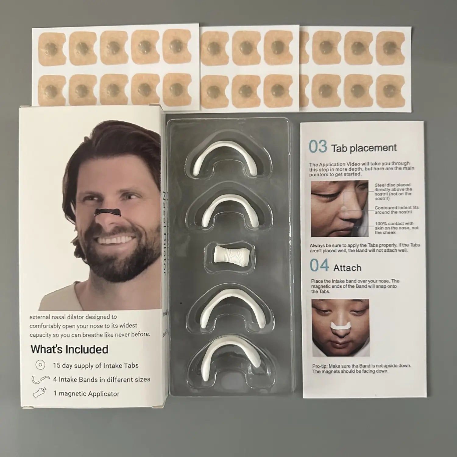 Novelty fake teeth product packaging with application instructions for Magnetic Nasal Strips.