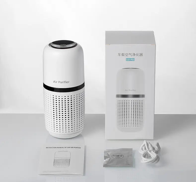 Cylindrical white car air purifier with negative ion technology and packaging for formaldehyde removal