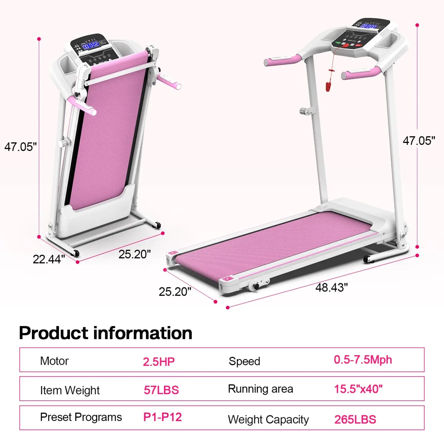 Pink and white foldable electric treadmill with digital display for home gym use.