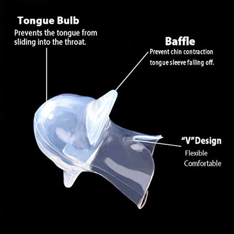 Transparent Silicone Tongue Sleeve showing design features of an anti-snoring tongue puller.