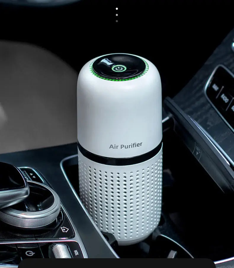 Cylindrical car air purifier with green ring, featuring negative ion technology to eliminate formaldehyde.