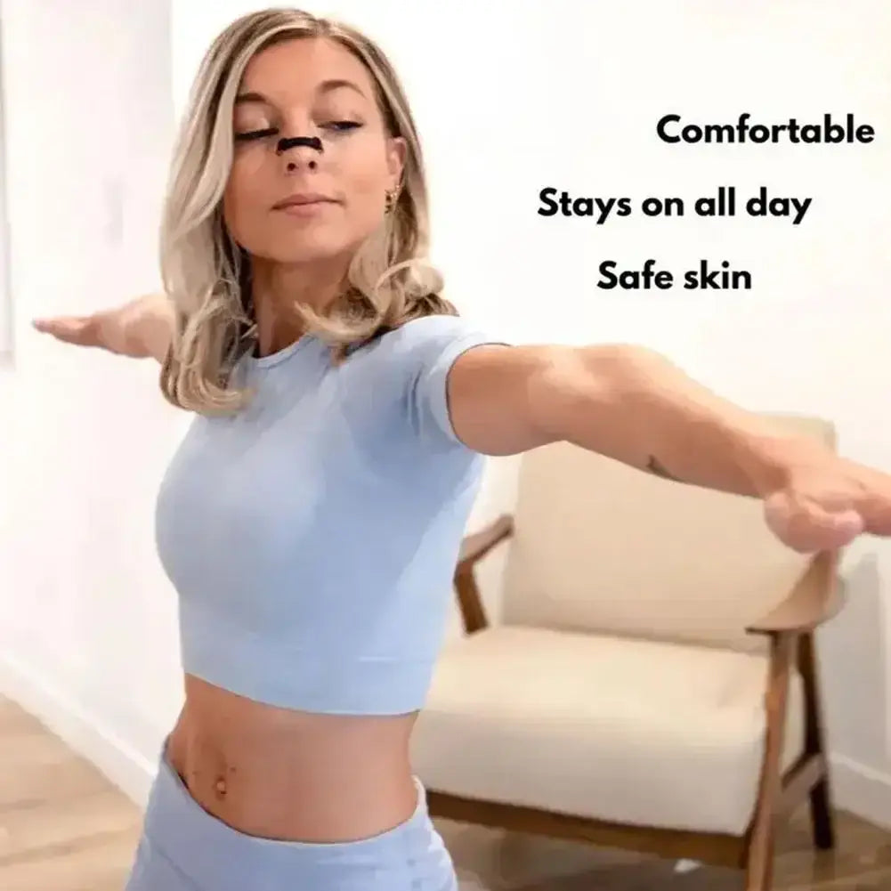 Woman in light blue activewear stretching, promoting Magnetic Nasal Strips for enhanced sleep quality.