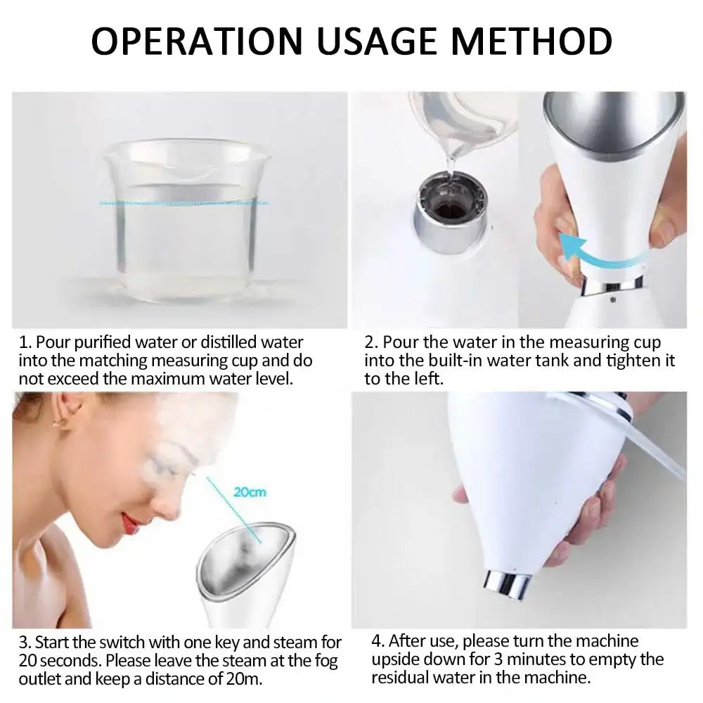 Handheld Nano Ionic Facial Steamer with operation instructions for steam facial sprayer.