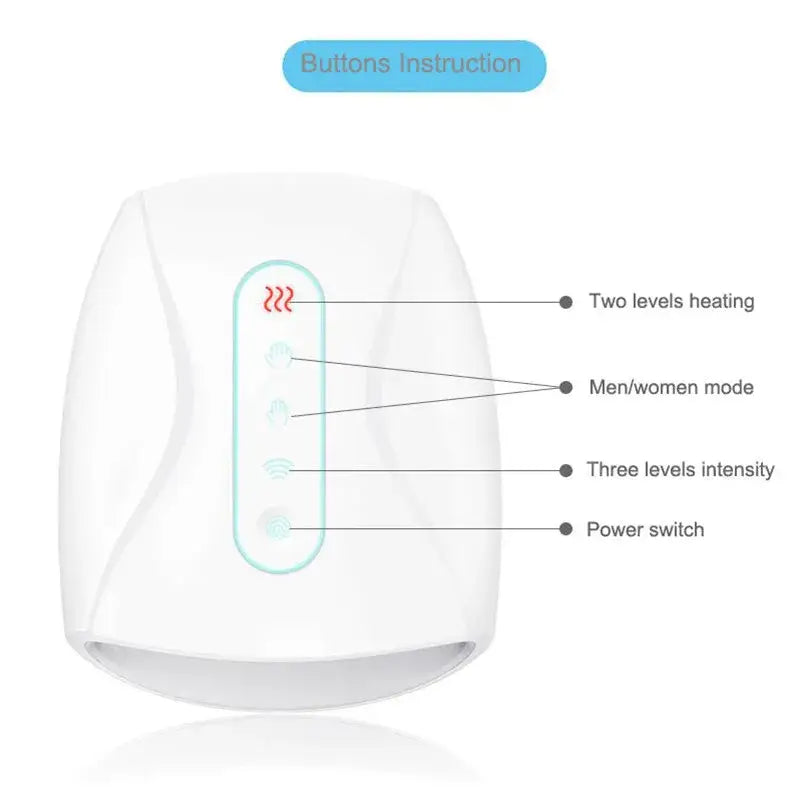 White Electric Hand Massager control panel showcasing heating and fingertip acupoint therapy options.