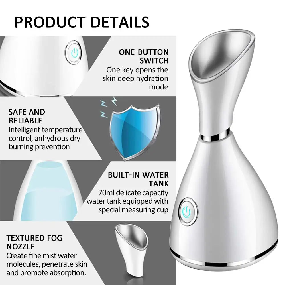 Sleek white Nano Ionic Facial Steamer with conical shape and blue water tank for rejuvenation.