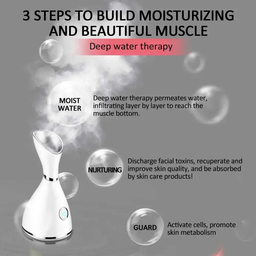 Nano Ionic Facial Steamer with three bubbles illustrating hot steam facial functions.