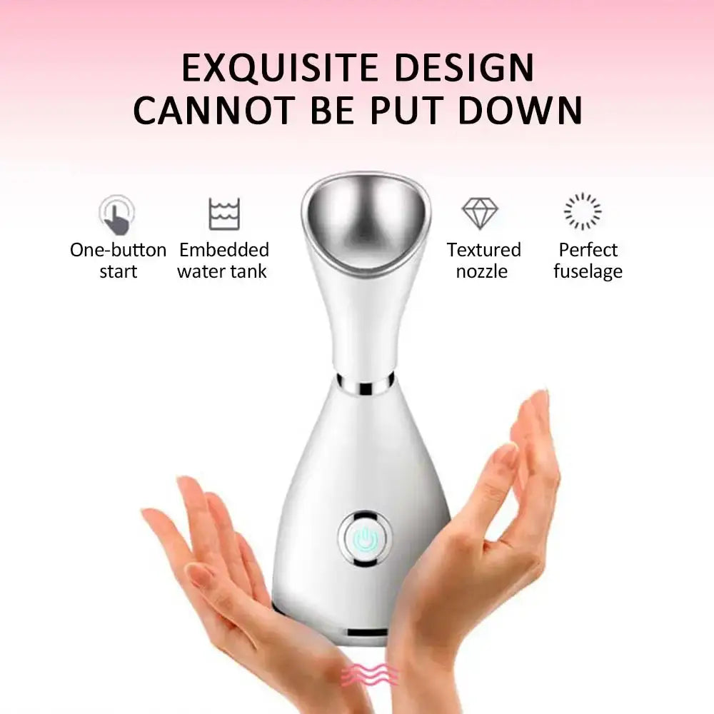 Sleek Nano Ionic Facial Steamer held in hands showcasing its single button design.