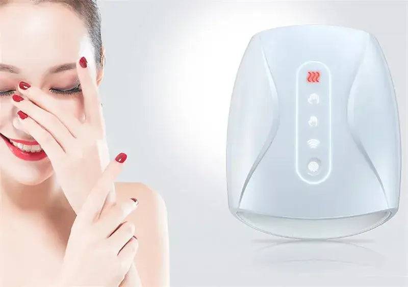 White electric hand massager with buttons and red indicator for finger acupoint therapy.