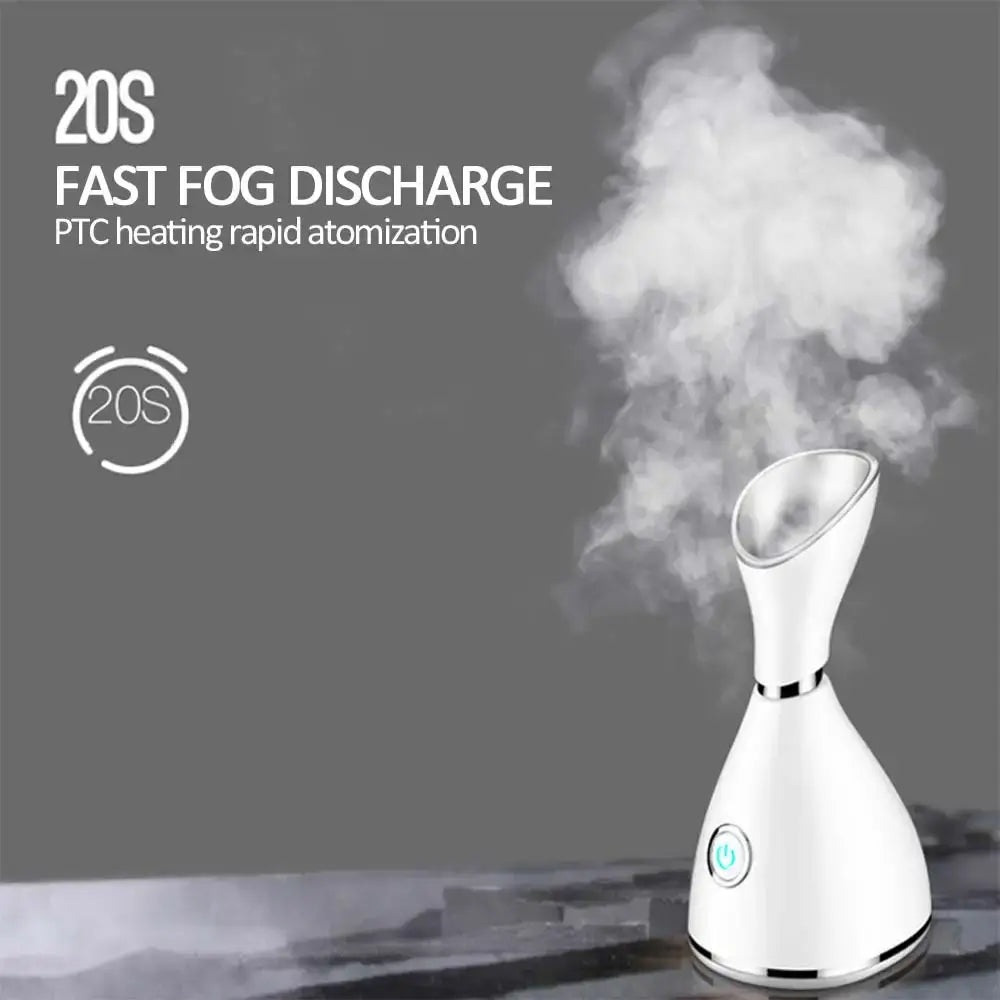 White conical Nano Ionic Facial Steamer emitting vapor for hot steam facial rejuvenation.