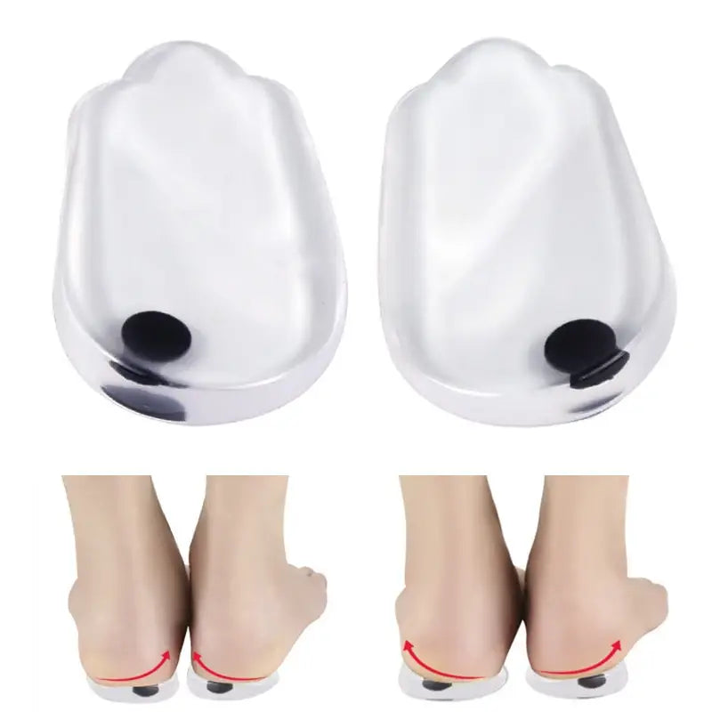 Pair of white plastic heel protectors with black cushioning pads for orthotic insoles support knee alignment.