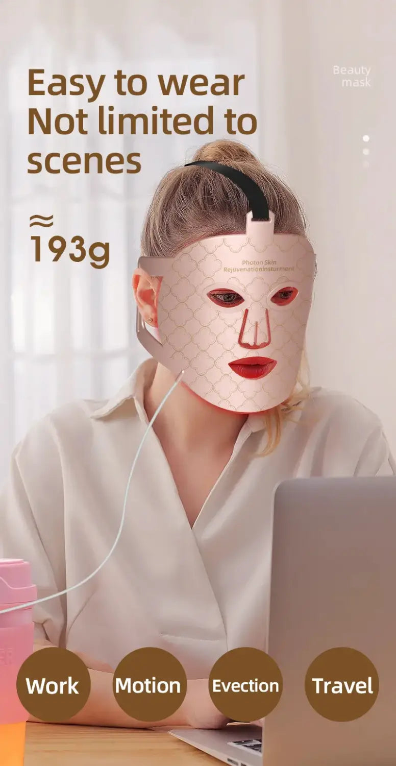 Pink LED Silicone Mask with eye and mouth openings for infrared red-light therapy use.