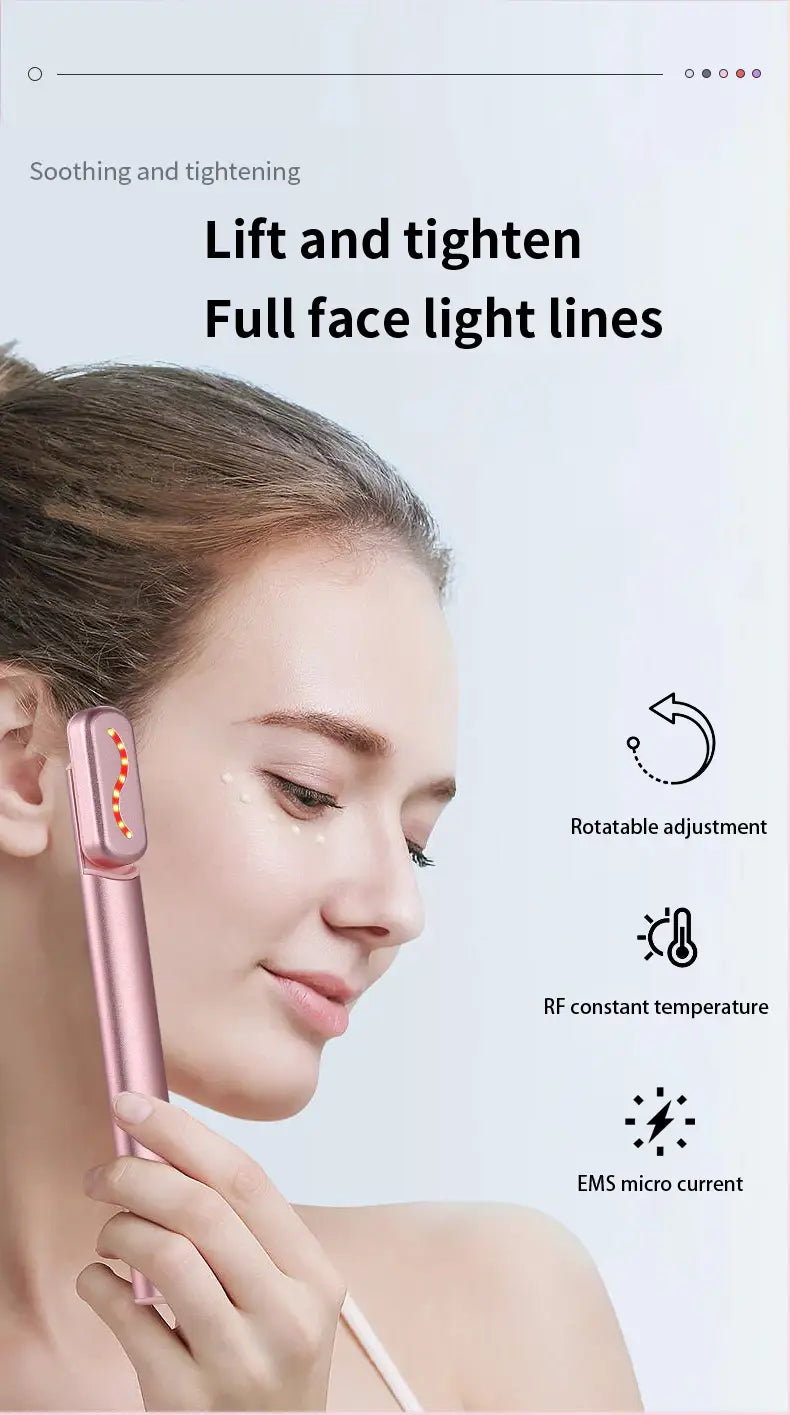 Pink LED Eye Massager with curved metal tip for rejuvenating facial therapy wand.