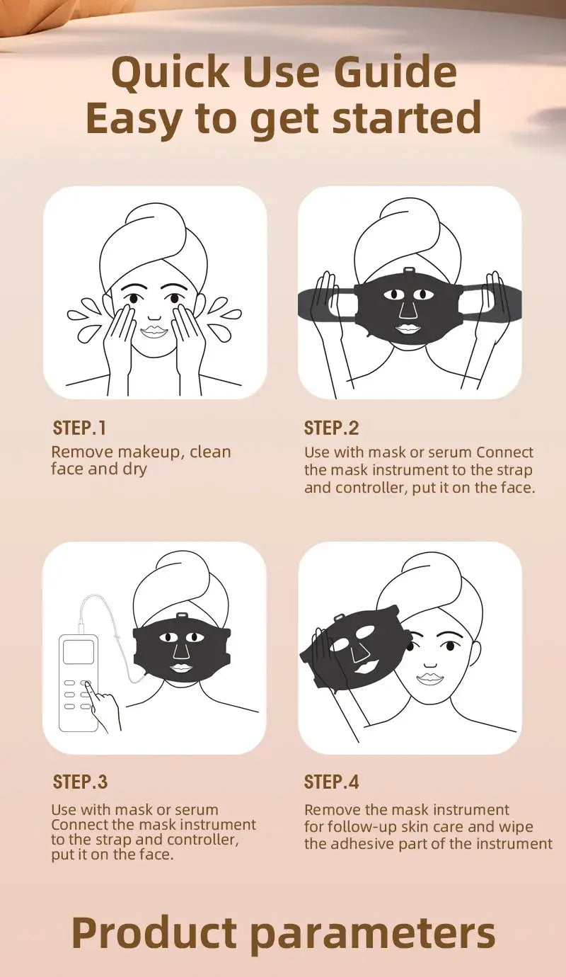 Quick use guide for Beauty LED Silicone Mask with Infrared Red-Light Therapy instructions.