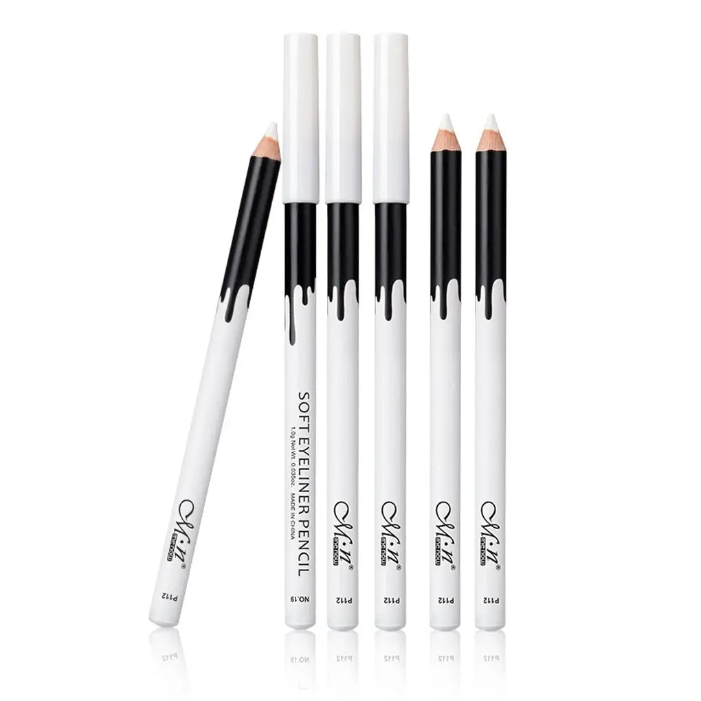 12pcs Long-Lasting Waterproof White Eyeliner Pencil Set with black caps and tips.