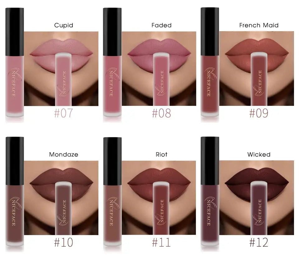 26-Color Nude Matte Liquid Lipstick Set showcasing various nude and berry lip swatches.