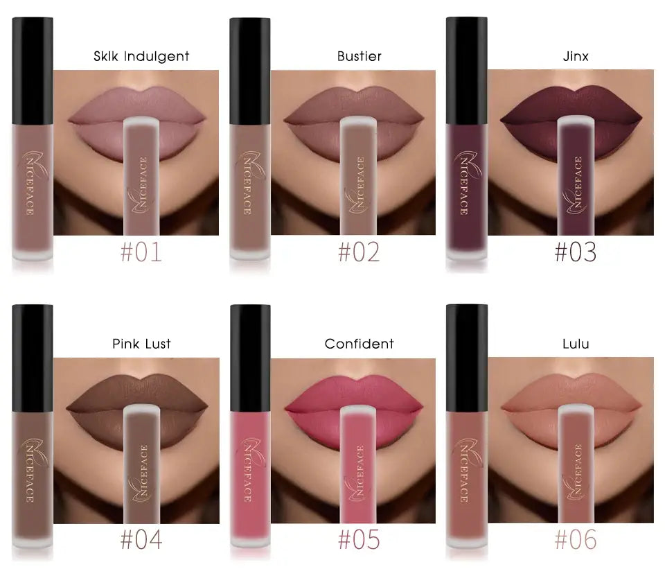 Collection of 26-Color Nude Matte Liquid Lipstick Set with lip swatches by Avy Health.