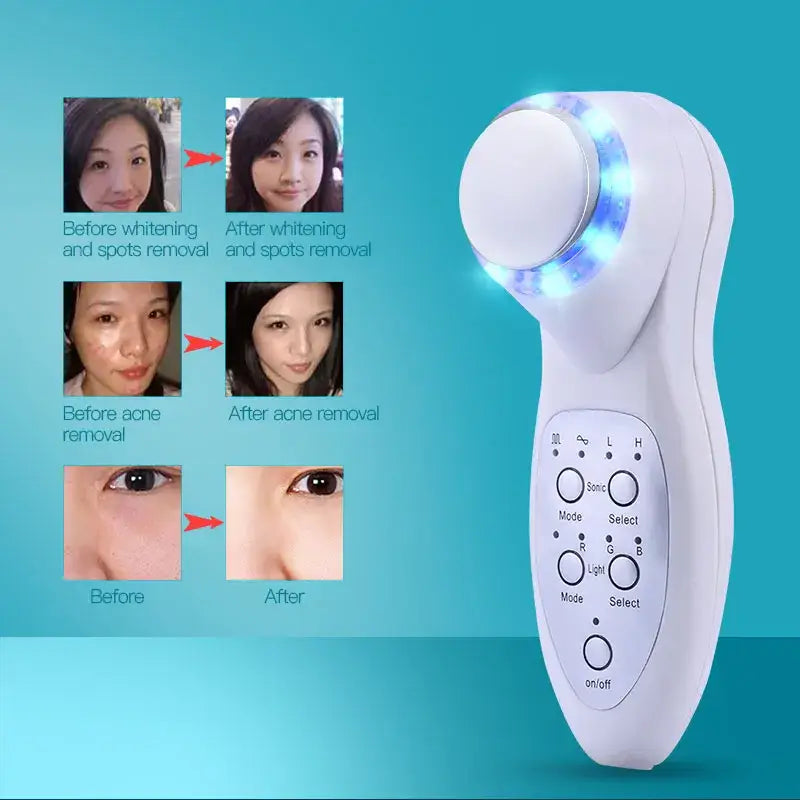 Handheld photon face care device with blue LED lights for anti-aging and cleaning.